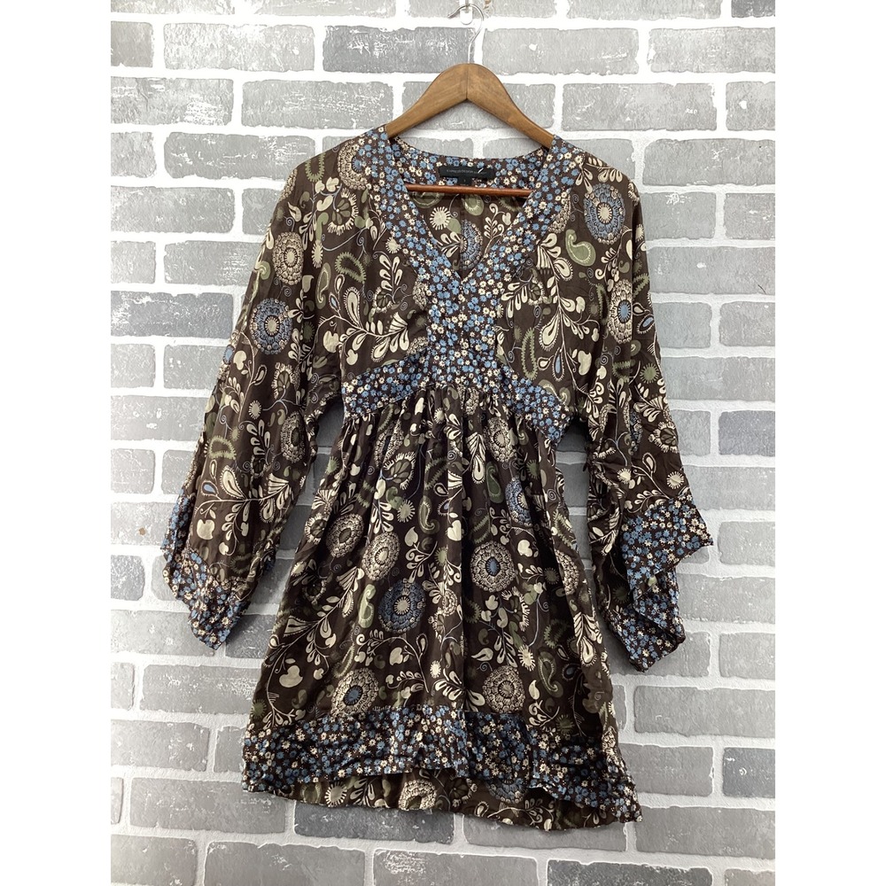 Express Design Studio Silk Paisley Floral Tunic Top Brown Blue Y2K Bell Sleeve S